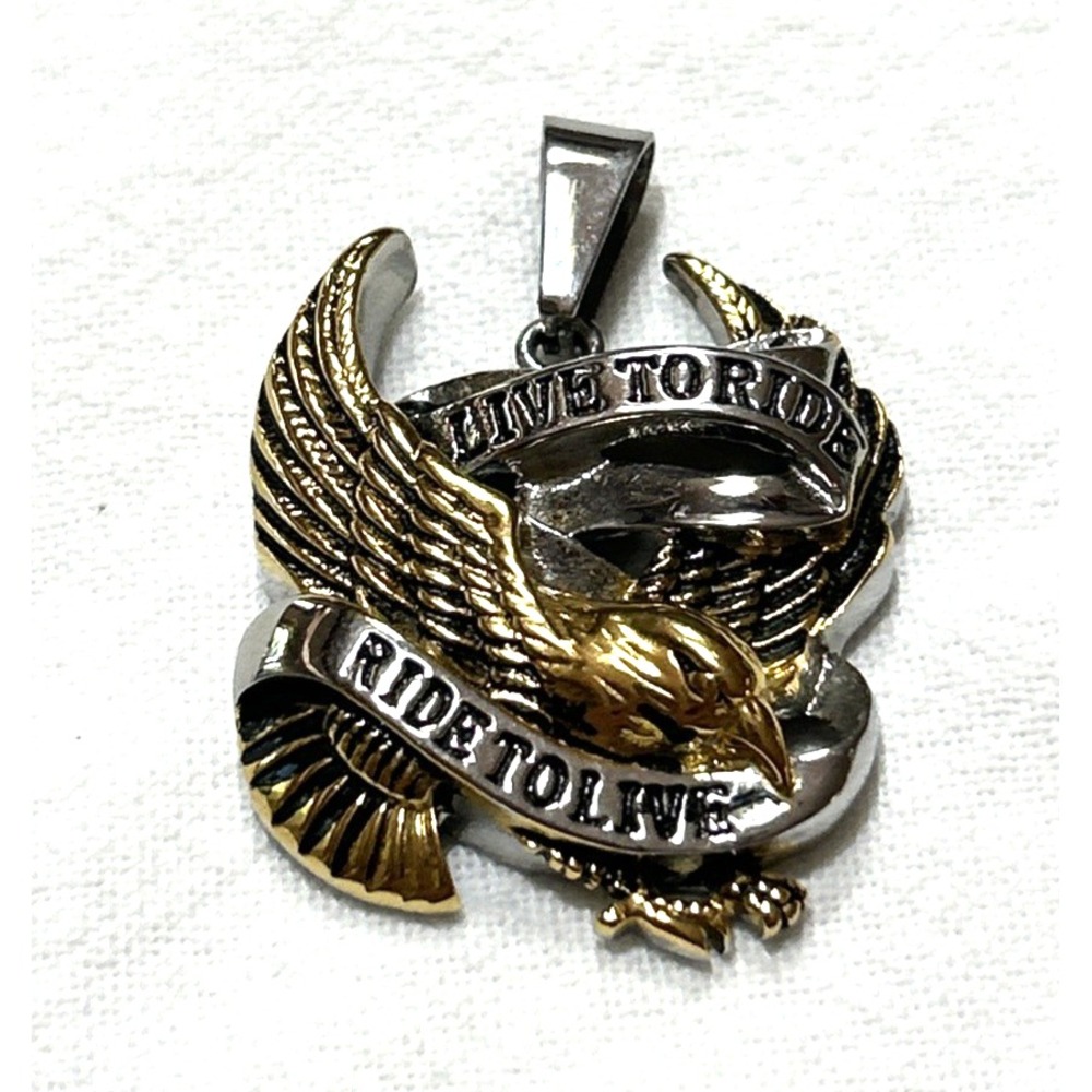 Live to Ride Ride to Live Eagle Pendant 2 Toned Gold & Silver Metal Motorcycle